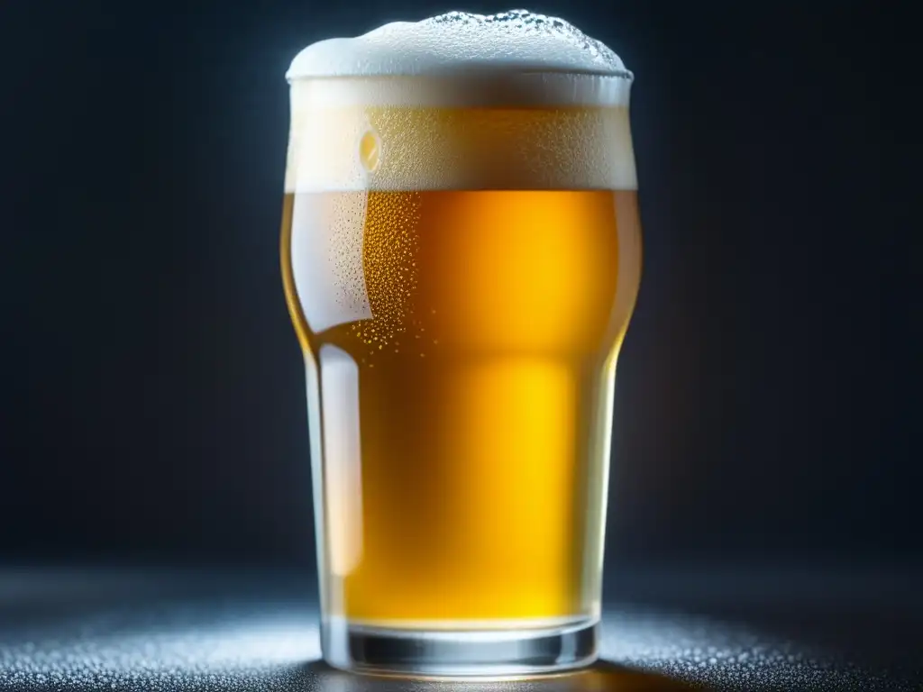 Cerveza Paceña dorada en vaso helado Cerveza Paceña dorada en vaso alto, burbujas brillantes y condensación en contraste con fondo oscuro