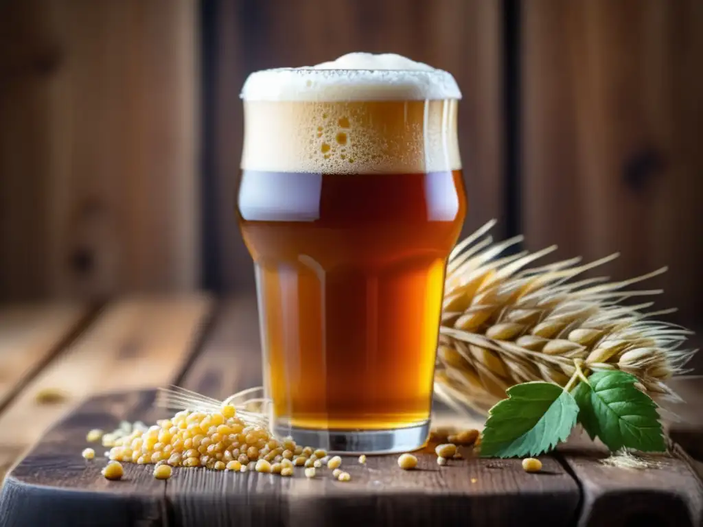 Cerveza dorada con espuma y detalles Pale Ale dorada con espuma cremosa y lúpulo, en vaso sobre mesa de madera rústica