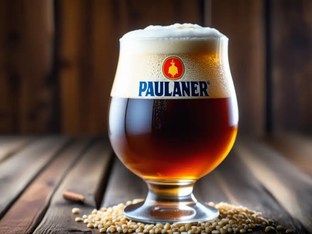 Cerveza Paulaner Salvator Doppelbock en vaso de vidrio con espuma cremosa y color ámbar