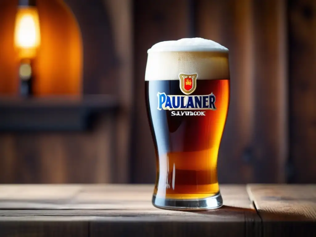Cerveza Paulaner Salvator Doppelbock, color ámbar intenso y espuma cremosa en una mesa de madera rústica