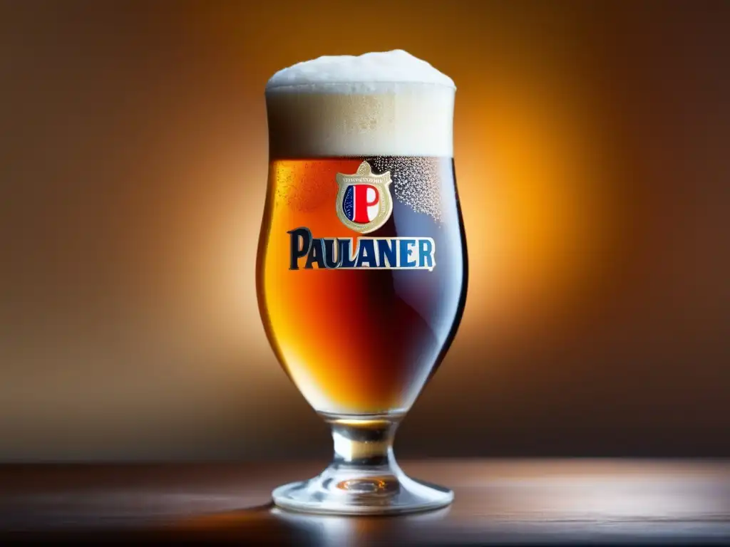 Cerveza Paulaner Salvator Doppelbock: Detalle elegante Cerveza Paulaner Salvator Doppelbock: detalle de su espuma blanca y burbujas, colores ámbar y textura aterciopelada