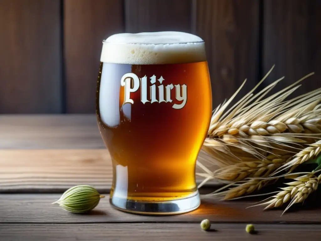 Cerveza Pliny the Elder en vaso de vidrio Cerveza Pliny the Elder, IPA doble con color ámbar dorado y espuma densa