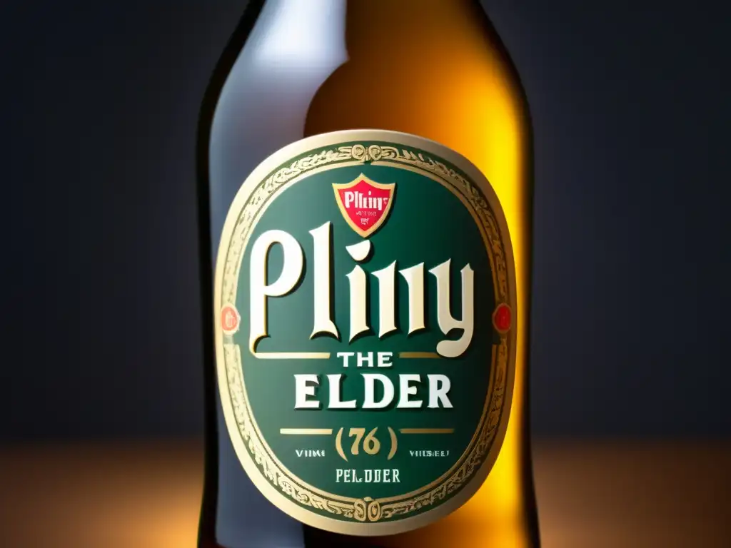 Detalle exquisito de una cerveza Pliny the Elder Botella de cerveza Pliny the Elder con detalles intrincados y firma de Vinnie Cilurzo