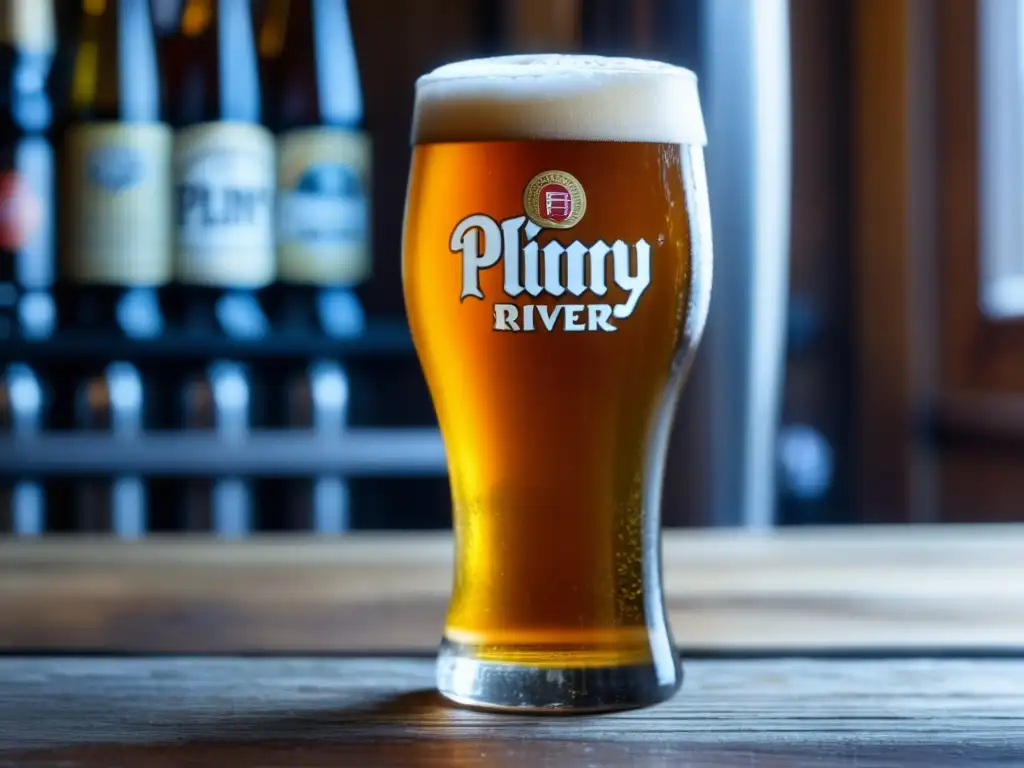Cerveza Pliny the Elder en vaso de vidrio Cerveza Pliny the Elder con detalle de Vinnie Cilurzo -