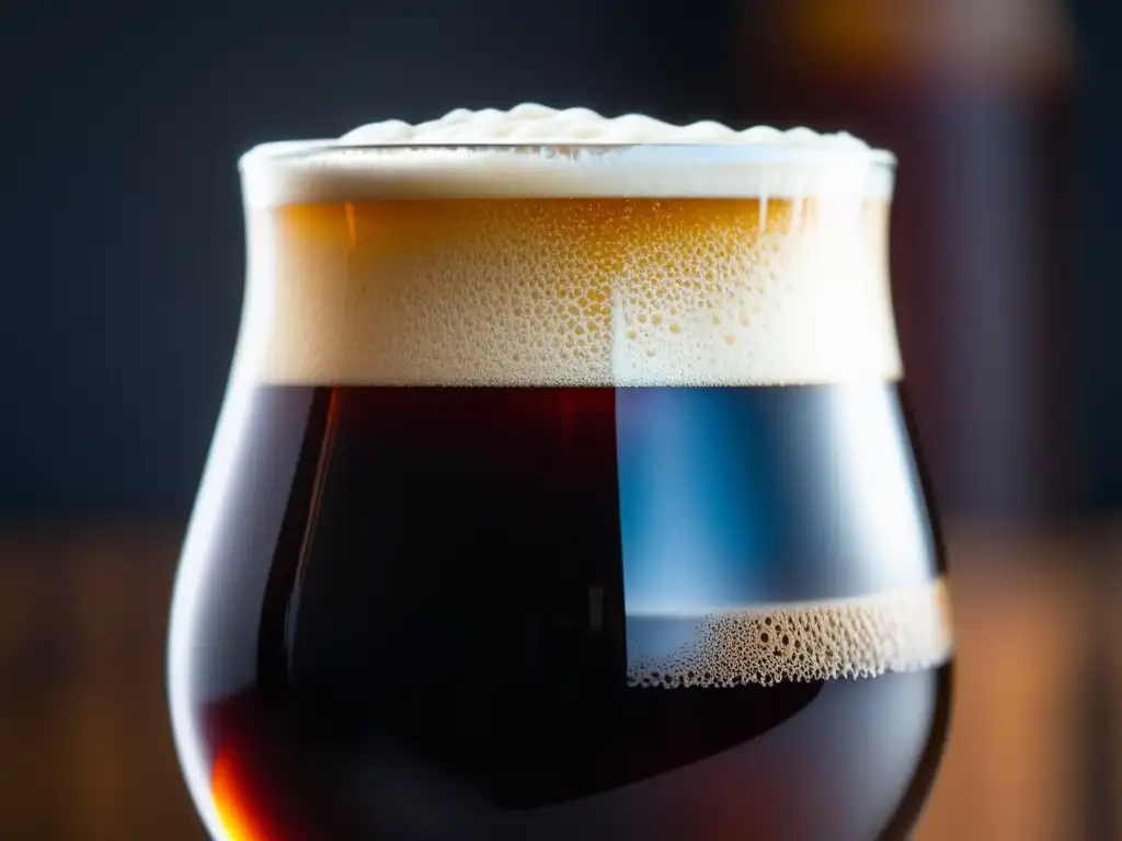 Cerveza Rauchbier ámbar oscuro en vaso, textura única, espuma cremosa, color intenso, burbujas, mesa de madera rústica