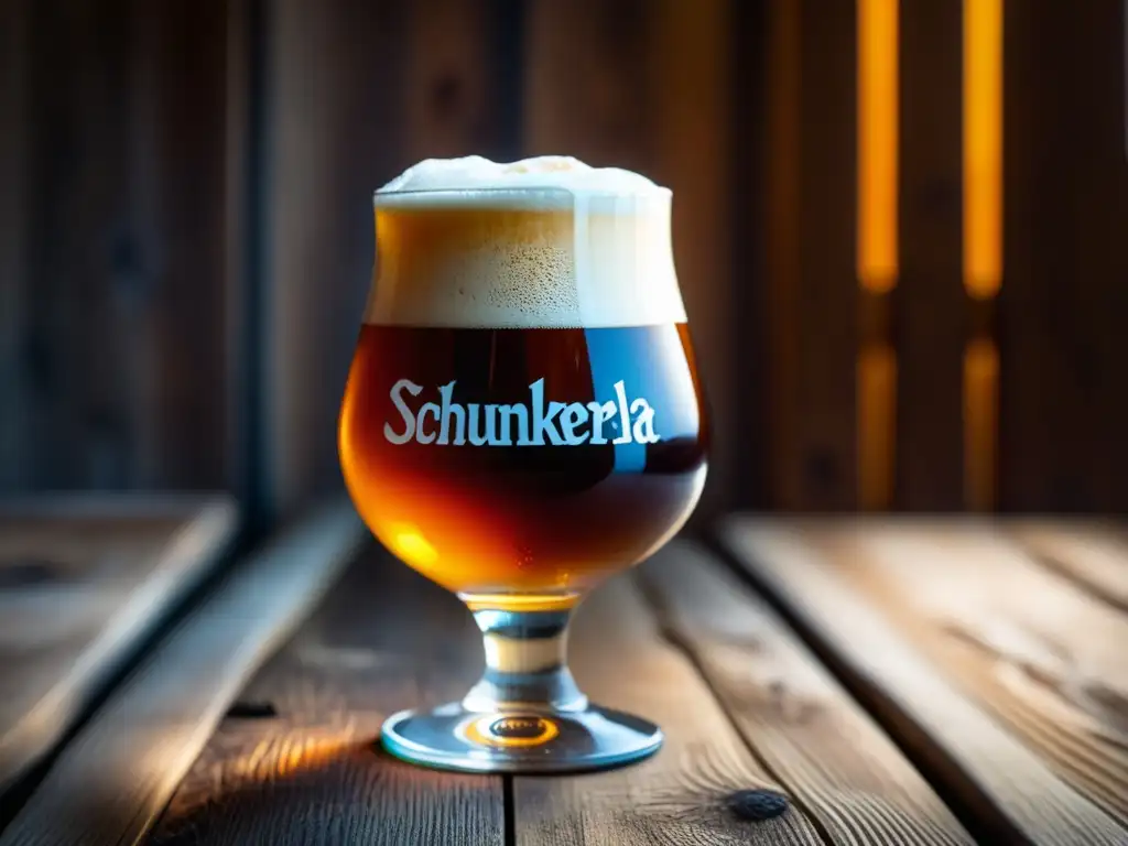 Cerveza Rauchbier en vaso de vidrio, color ámbar y espuma cremosa, sobre mesa de madera rústica