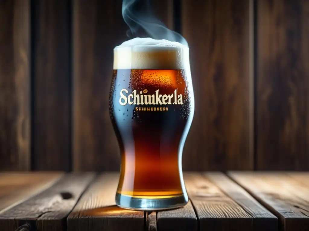 Detallada imagen en 8k de una cerveza Aecht Schlenkerla Rauchbier en un vaso, con condensación, color ámbar y delicado humo