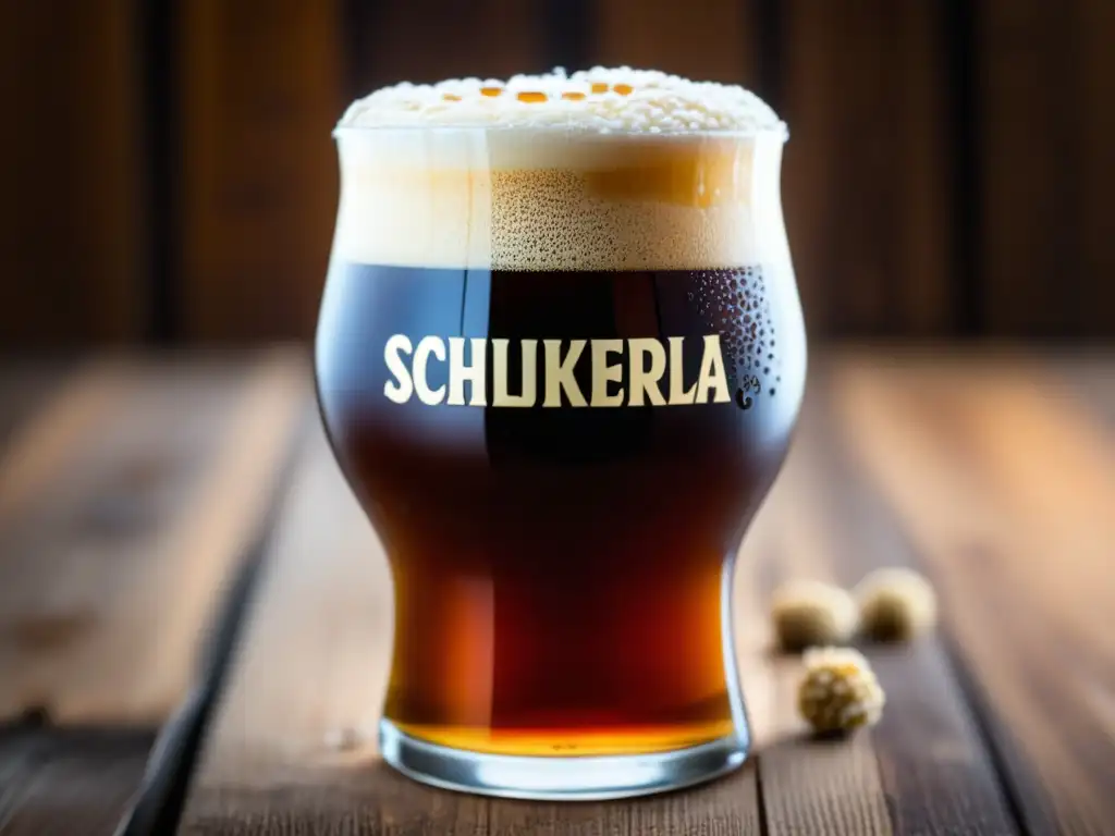 Cerveza Rauchbier con tonos ámbar, espuma cremosa y gotas de condensación, en mesa de madera con lúpulo y malta