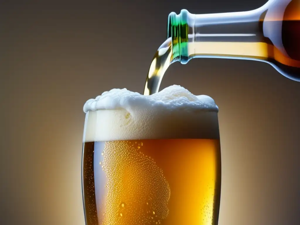Cerveza dorada con espuma abundante Cervecerías Ecológicas: Detalle de una cerveza dorada con espuma abundante, condensación en el vaso y burbujas ascendentes