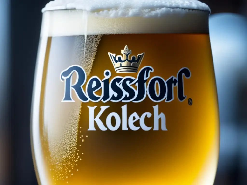 Cerveza Reissdorf Kölsch: Fresca y dorada Cerveza Reissdorf Kölsch: vista cercana, líquido dorado brillante, espuma blanca y fresca