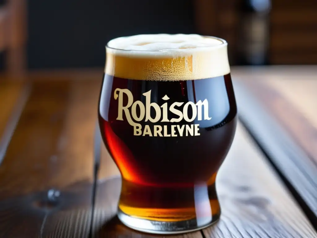 Cerveza artesanal: Robinson's Old Tom Barleywine Robinson's Old Tom: cerveza ámbar con burbujas y espuma cremosa, sobre mesa de madera, condensación y elegantes detalles