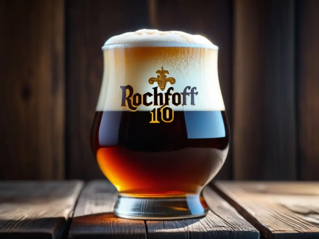 Cerveza Rochefort 10: Detalles y sabor Cerveza Rochefort 10 quadrupel en vaso de vidrio, con color ámbar y espuma cremosa