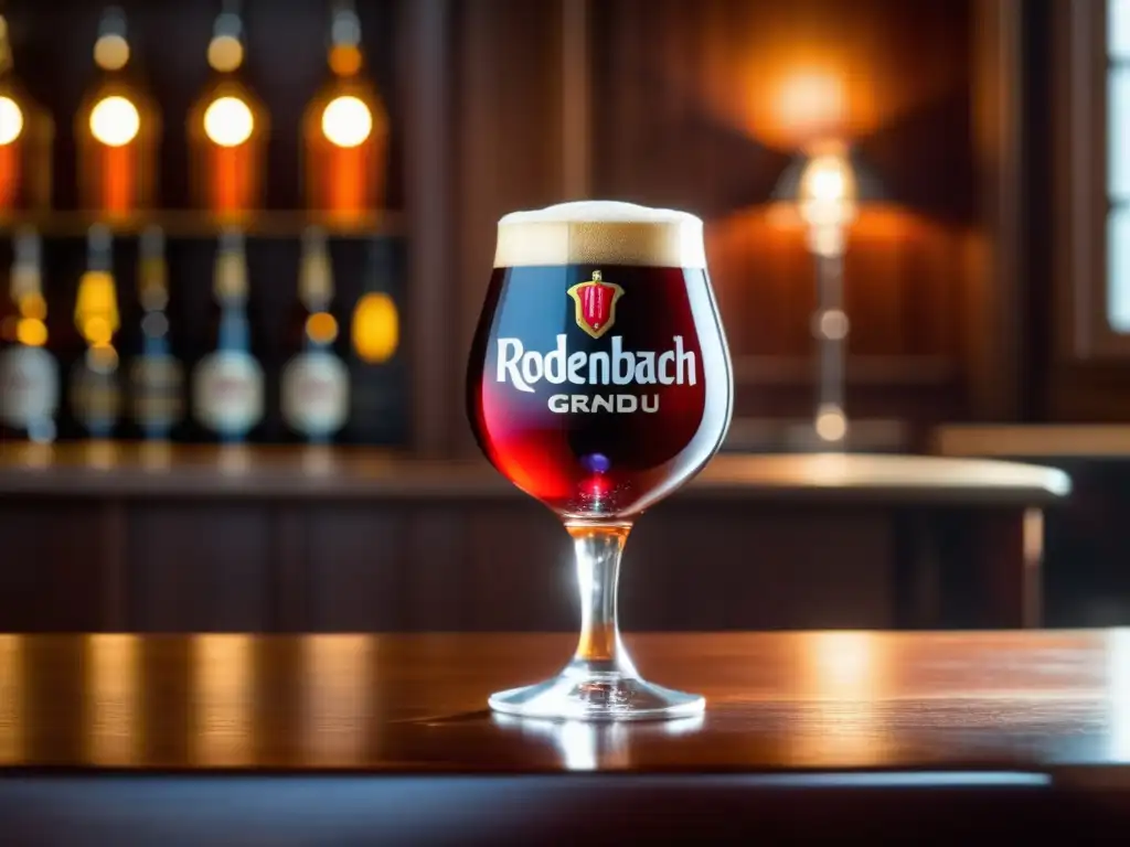 Cerveza Rodenbach Grand Cru - Detalle excepcional de la cerveza Flanders Red Ale, con cristal claro, burbujas y espuma blanca