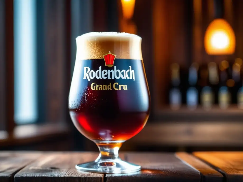 Cerveza Rodenbach Grand Cru en mesa rústica Cerveza Rodenbach Grand Cru, una Flanders Red Ale, destacando su color rojizo y burbujas efervescentes