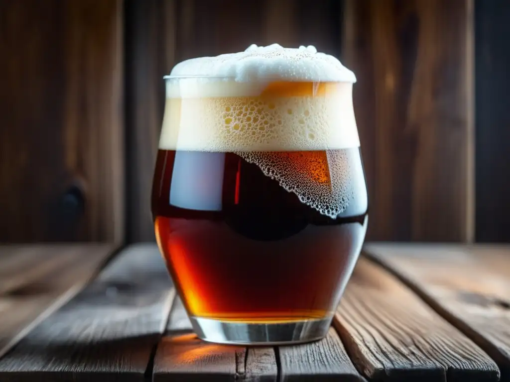 Imagen detallada de una Red Ale ámbar en un vaso, con espuma blanca y burbujas, sobre una mesa de madera rústica