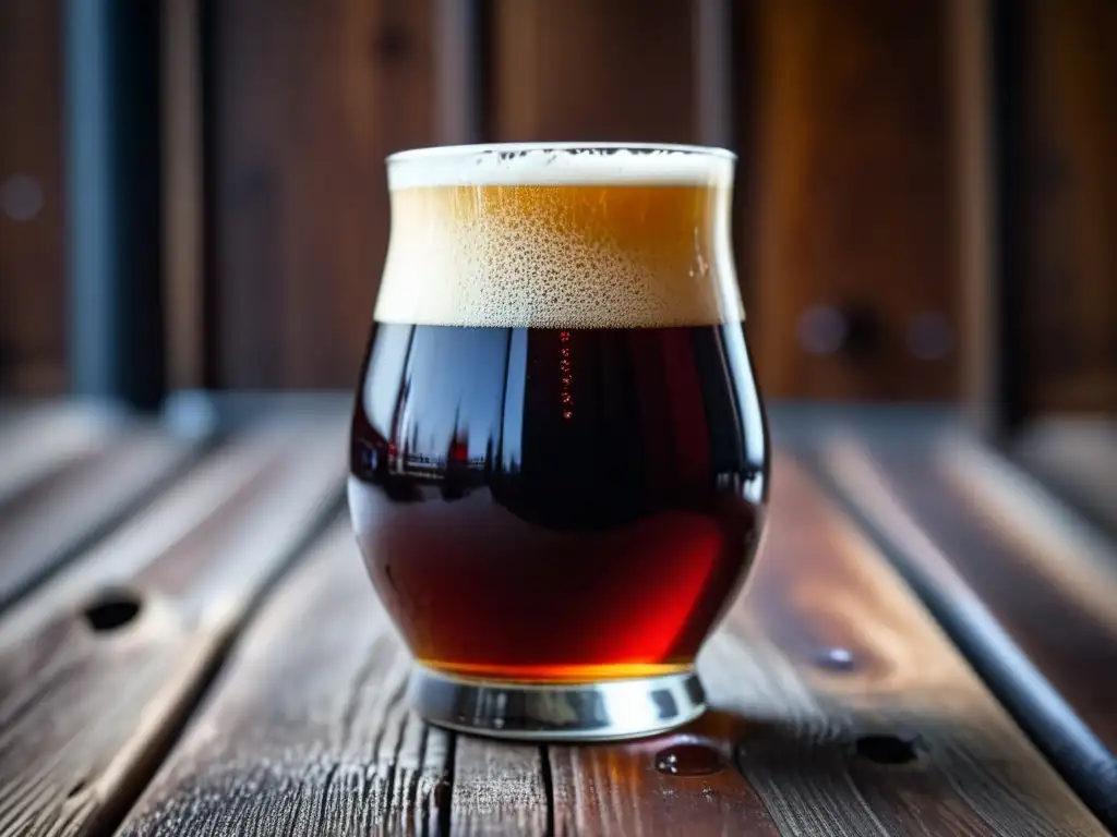 Cerveza roja belga de Flandes en vaso Cerveza Flanders Red Ale en vaso de vidrio, color y claridad impresionantes en mesa de madera rústica