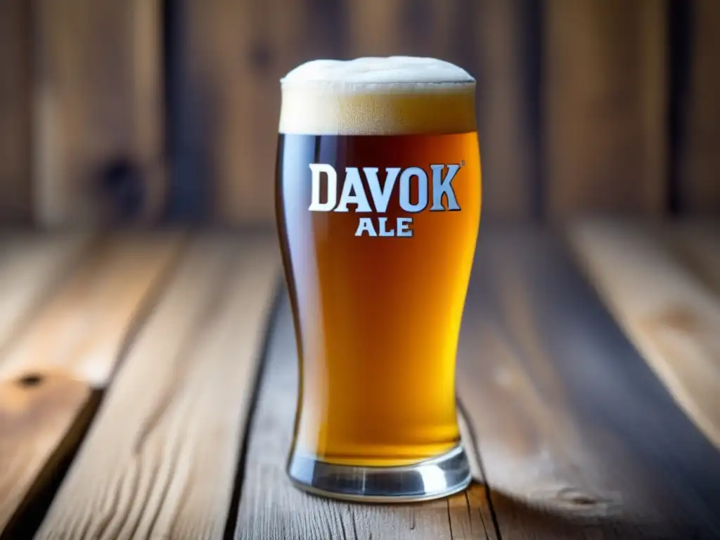 Cerveza rubia Davok, vertida perfectamente en vaso alto - intensamente dorada, con una ligera bruma y burbujas elegantes que forman una espuma cremosa