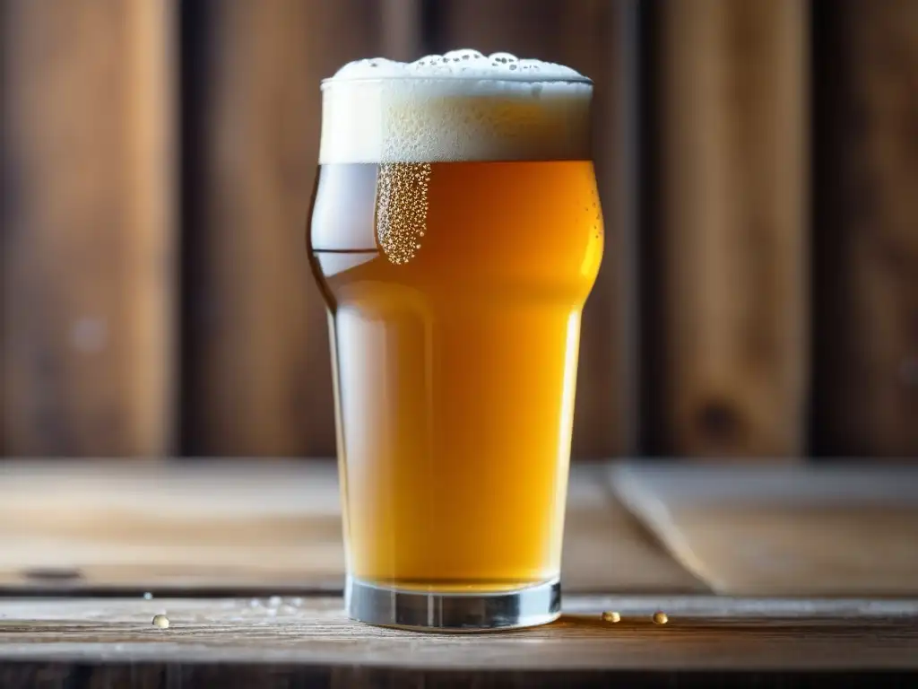 Cerveza Blonde Ale en vaso frío, dorada y refrescante en mesa de madera