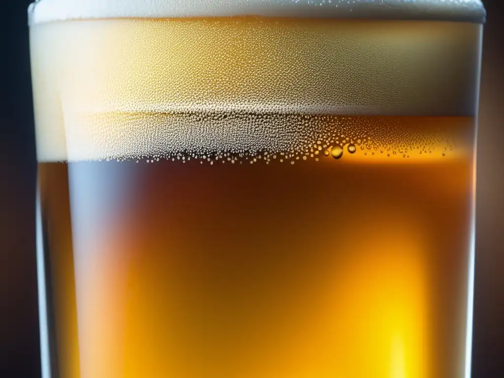 Cerveza Blonde Ale: Imagen detallada de una copa llena de cerveza dorada, con burbujas y condensación