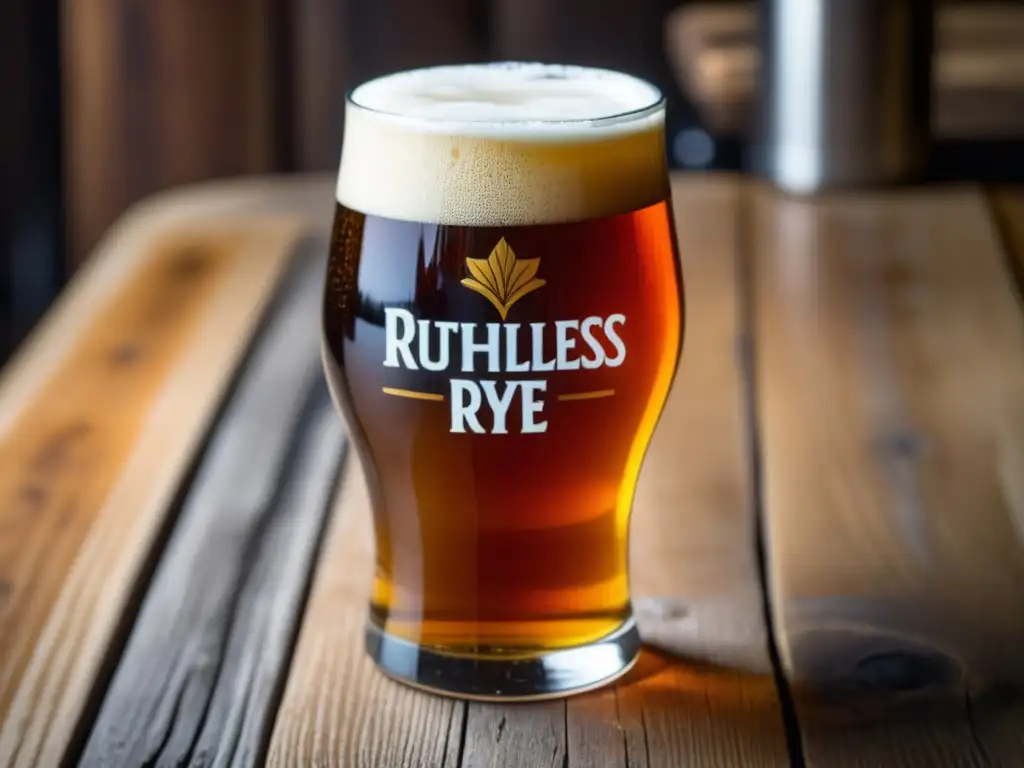 Cerveza Ruthless Rye IPA en mesa de madera Cerveza de centeno Ruthless Rye IPA en vaso, vibrante color ámbar, espuma blanca y burbujas, en mesa rústica