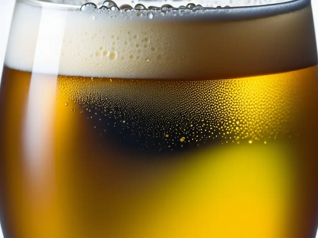 Cerveza Saison dorada en detalle Cerveza Saison dorada con condensación y burbujas, textura y tonos ámbar radiantes