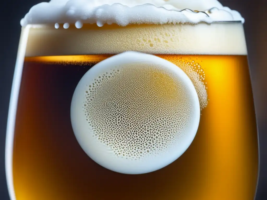 Detalle artístico de una cerveza Saison dorada Cerveza Saison dorada con espuma blanca y burbujas detalladas en vaso, condensación y fondo difuminado
