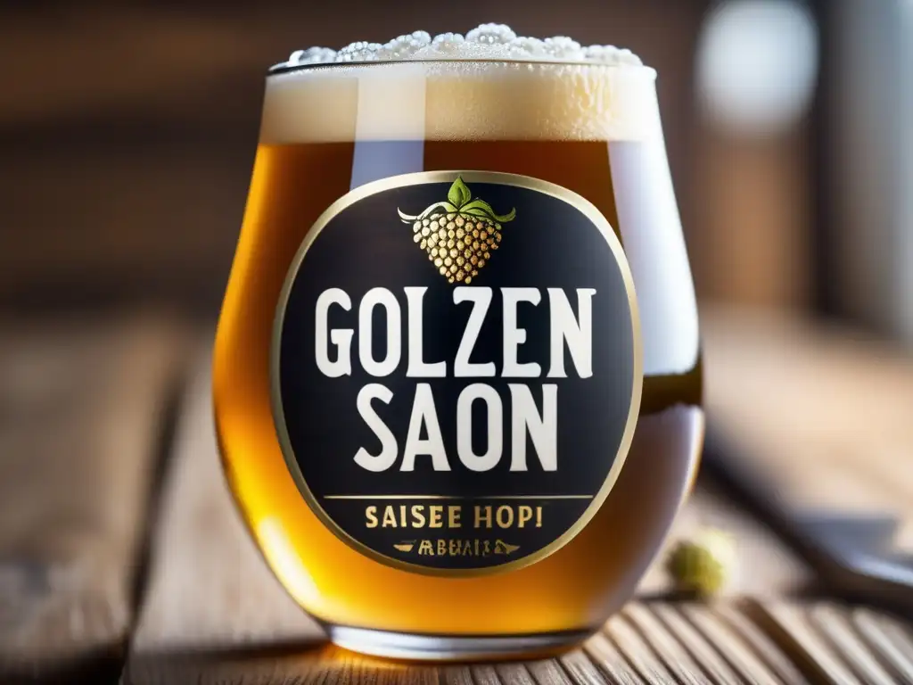 Cerveza saison dorada y carbonatada en copa de vidrio Cerveza saison dorada con espuma blanca y burbujas, en una mesa de madera con granos de cebada y lúpulo fresco - Saisons y Fermentos