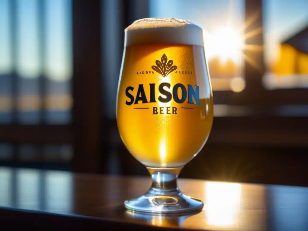 Cerveza Saison dorada: una obra de arte Cerveza Saison dorada y efervescente en vaso de vidrio, con burbujas y condensación, evocando la esencia de Colorado