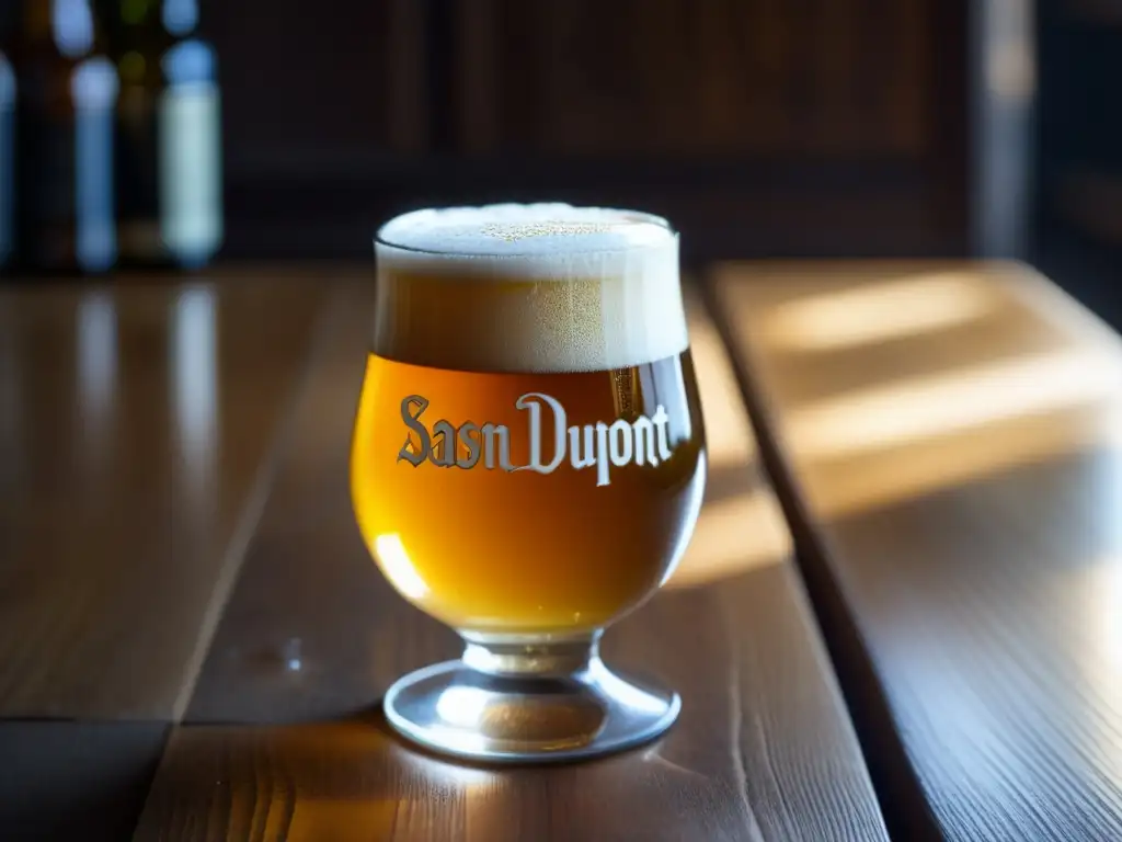 Cerveza Saison Dupont en vaso de vidrio Cerveza Saison Dupont en vaso de vidrio, refrescante y dorada, con espuma blanca y burbujas ascendentes