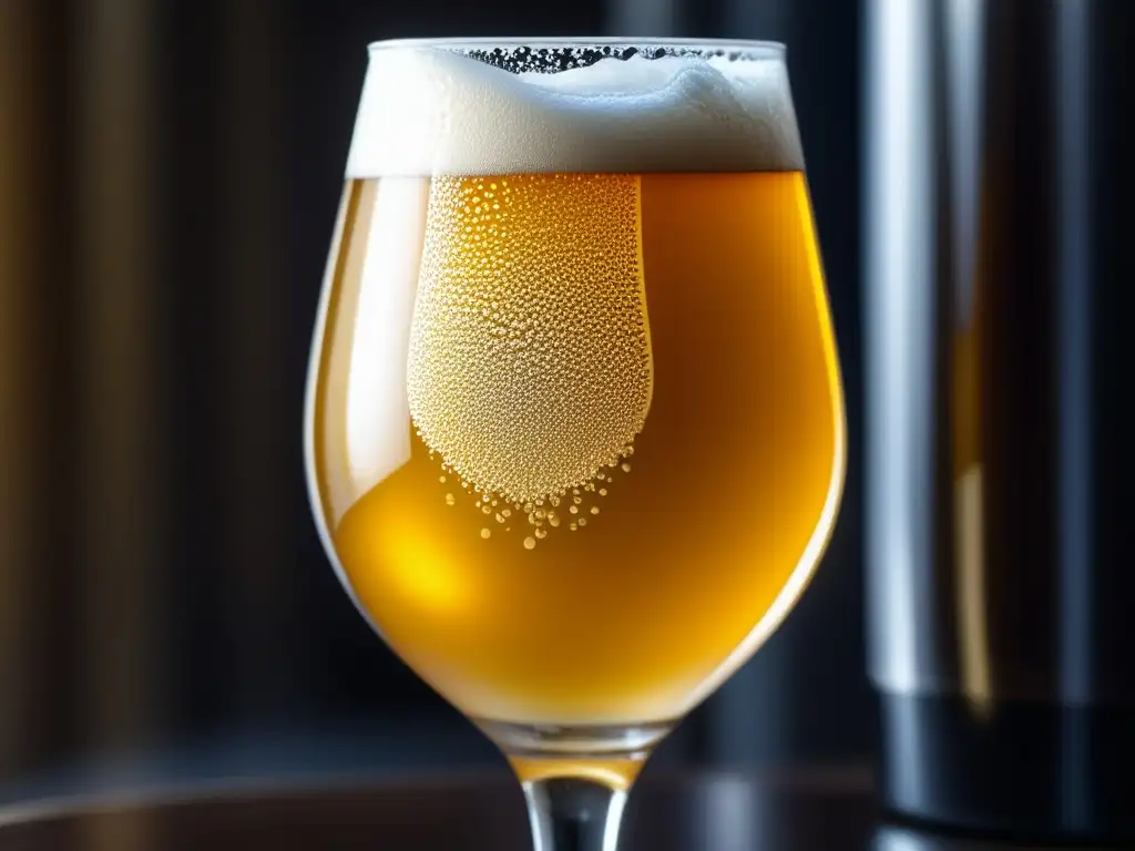 Cerveza Saison dorada en copa tulipa Cerveza Saison en copa tulipa, dorada y clara, burbujas de carbonatación, espuma blanca, elegante