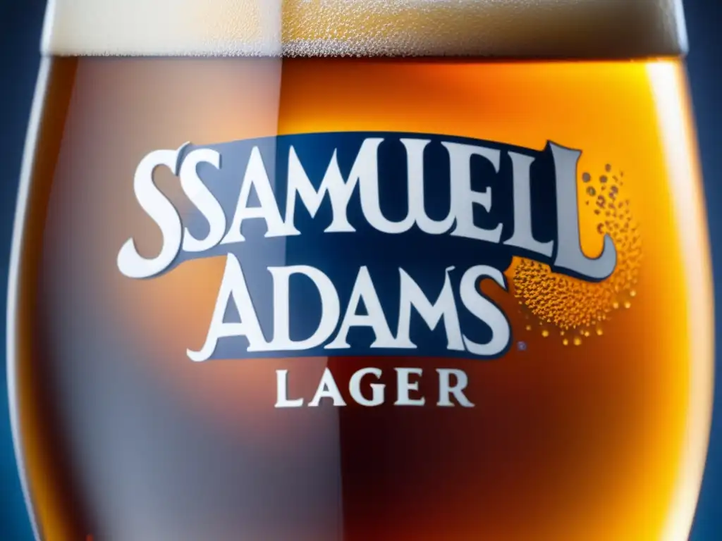 Cerveza Samuel Adams Boston Lager Una imagen detallada de una cerveza Samuel Adams Boston Lager en un vaso helado, con burbujas y condensación resaltando su color y espuma-