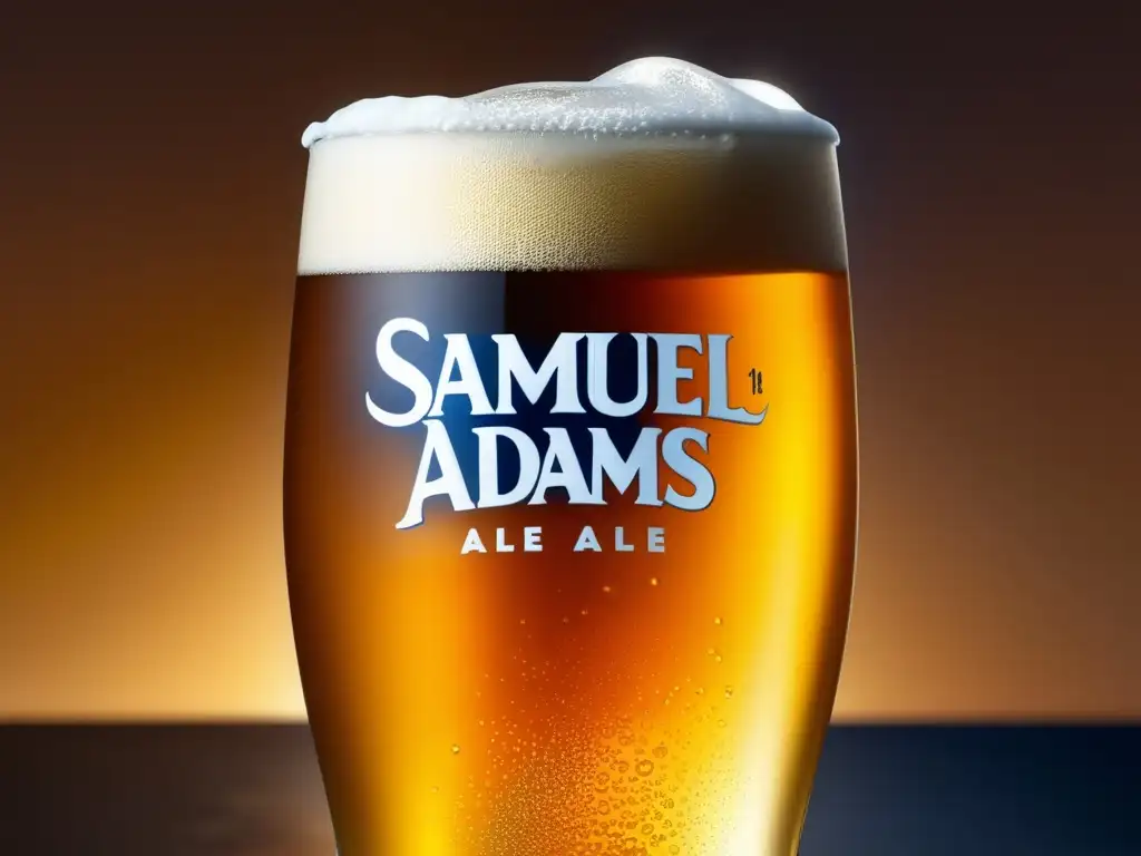 Cerveza de verano Samuel Adams, detalle y frescura Imagen detallada - Vaso lleno de Samuel Adams Summer Ale - Cerveza dorada y burbujeante con condensación fresca (110 caracteres)