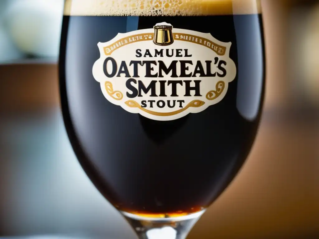 Cerveza oscura y cremosa en copa Cerveza Stout Samuel Smith's, vertida perfectamente en un vaso elegante, con textura suave y espuma cremosa
