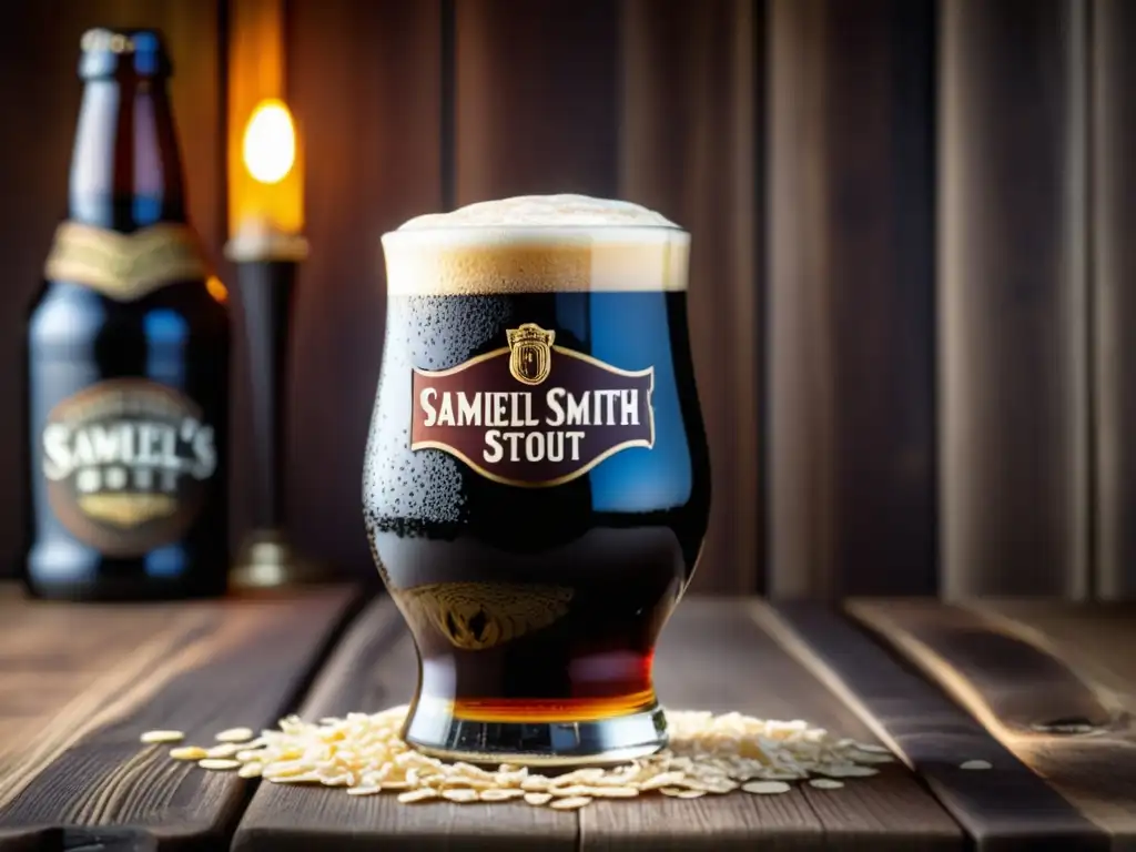 Cerveza Samuel Smith's Oatmeal Stout perfectamente servida en copa tulipa Cerveza Oatmeal Stout Samuel Smith perfectamente servida en copa tulipa, destacando su color oscuro y espuma cremosa