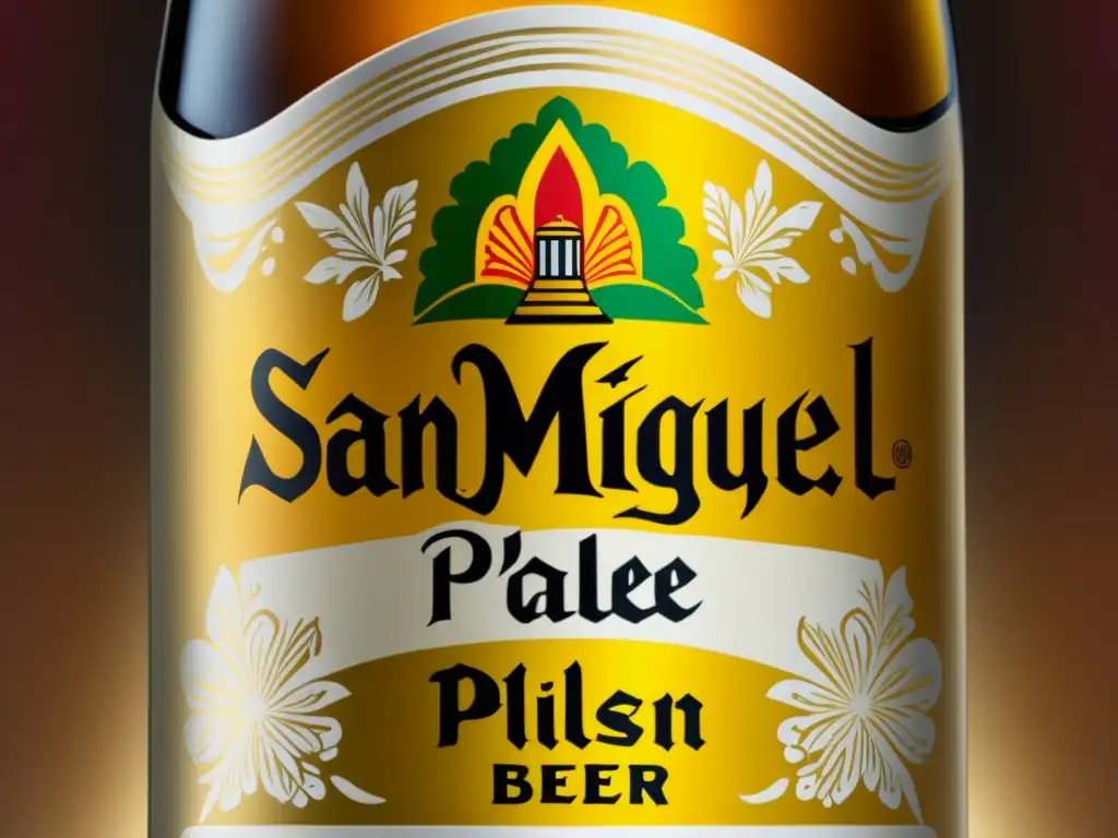 Detalle elegante de la etiqueta de San Miguel Pale Pilsen Detalle elegante de la botella de cerveza San Miguel Pale Pilsen, resaltando su etiqueta y condensación