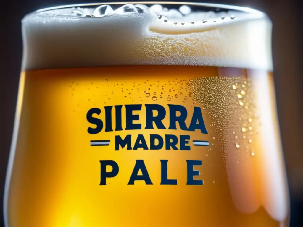 Cerveza Sierra Madre Pale Ale, llena hasta el borde Cerveza Sierra Madre Pale Ale, cristal lleno con espuma cremosa, burbujas doradas y detalles cautivadores