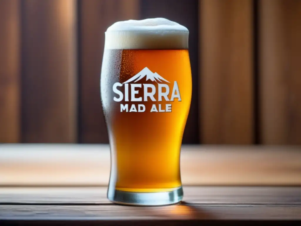 Cerveza Sierra Madre y deliciosa comida Cerveza Sierra Madre Pale Ale: Imagen ultradetallada de un vaso de cerveza helada sobre una mesa de madera