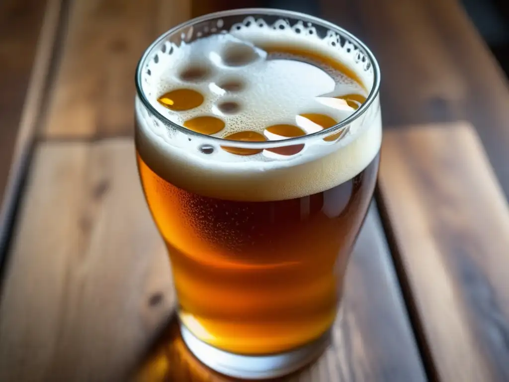 Cerveza ámbar en vaso de vidrio Cerveza Sierra Madre Pale Ale en vaso de vidrio con espuma y condensación -