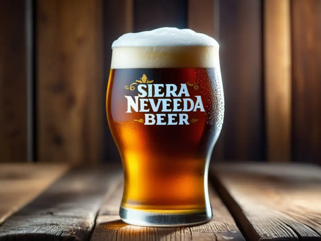 Cerveza Sierra Nevada en mesa de madera con burbujas y lúpulo fresco
