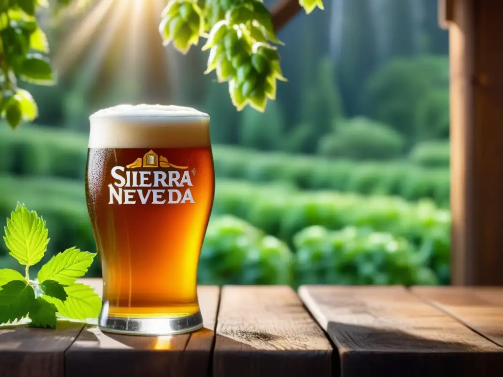 Cerveza Sierra Nevada Pale Ale en mesa rústica APA en vidrio sobre mesa de madera con lúpulos verdes