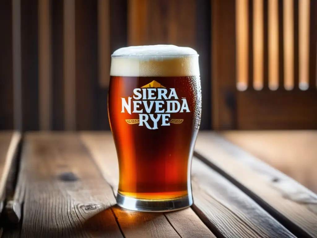 Cerveza Sierra Nevada Ruthless Rye IPA en vaso Imagen detallada de una cerveza Sierra Nevada Ruthless Rye IPA en un vaso de vidrio, con condensación y burbujas, en una mesa de madera rústica