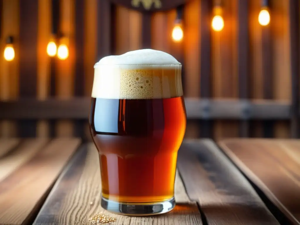 Cerveza rye IPA de Sierra Nevada: color ámbar y espuma cremosa Cerveza Sierra Nevada Ruthless Rye IPA, color ámbar y espuma cremosa en vaso de vidrio sobre mesa de madera rústica