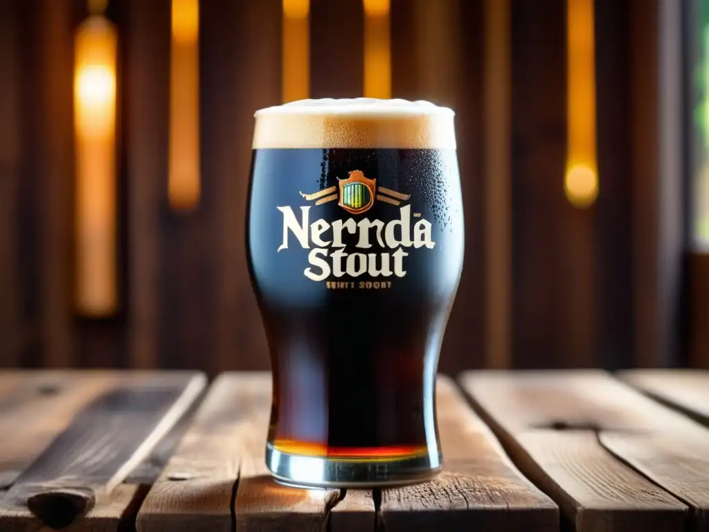 Cerveza oscura y espumosa en vaso Imagen detallada de una cerveza Sierra Nevada Stout, con espuma cremosa y burbujas, en una mesa de madera rústica