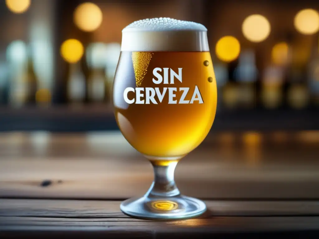 Cerveza sin alcohol dorada y efervescente en vaso Closeup de cerveza sin alcohol en vaso de vidrio, burbujas doradas y efervescentes en mesa de madera rústica