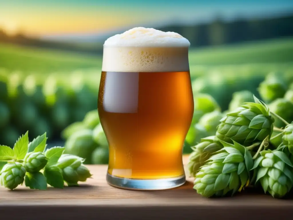 Cerveza sin alcohol dorada con lúpulo y cebada Cerveza sin alcohol dorada con espuma en un vaso frente a lúpulos y cebada, destacando la segmentación de mercado