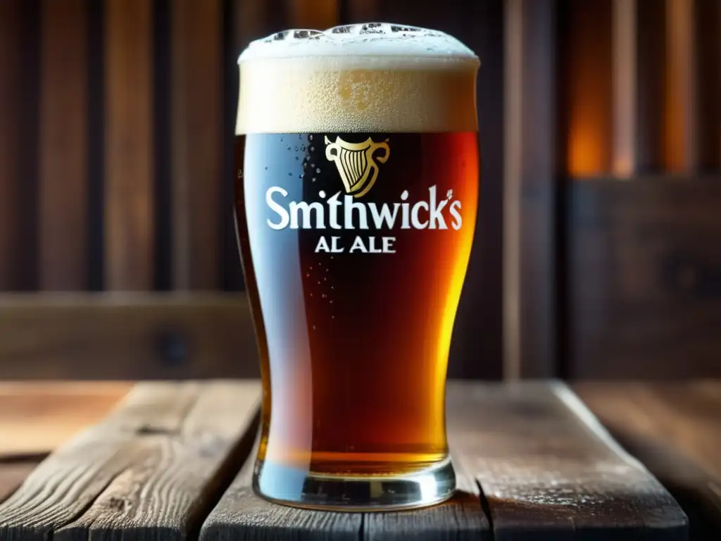 Pinta de cerveza Smithwick's Irish Ale, detalles y espuma cremosa