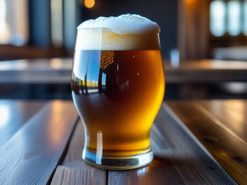 Cerveza dorada con espuma en mesa de madera Cerveza con espuma y condensación en mesa de madera - Comunidades sostenibles