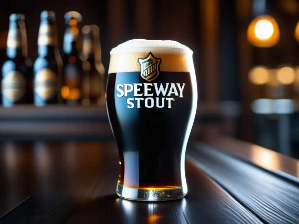 Cerveza negra intensa en vaso de vidrio Cerveza Double Stout: imagen detallada de un vaso con Speedway Stout, color ébano intenso y espuma tostada