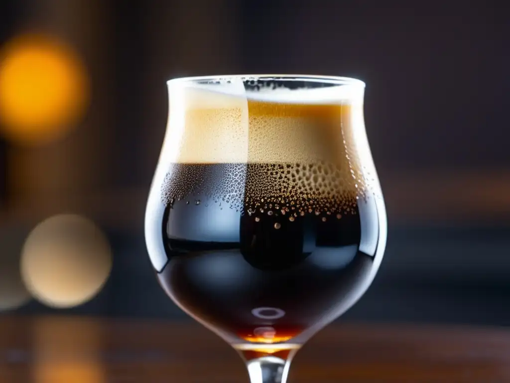 Cerveza Speedway Stout, rica y oscura Snifter Glass con Speedway Stout, cerveza doble stout de aspecto lujoso, con burbujas y detalles cautivadores