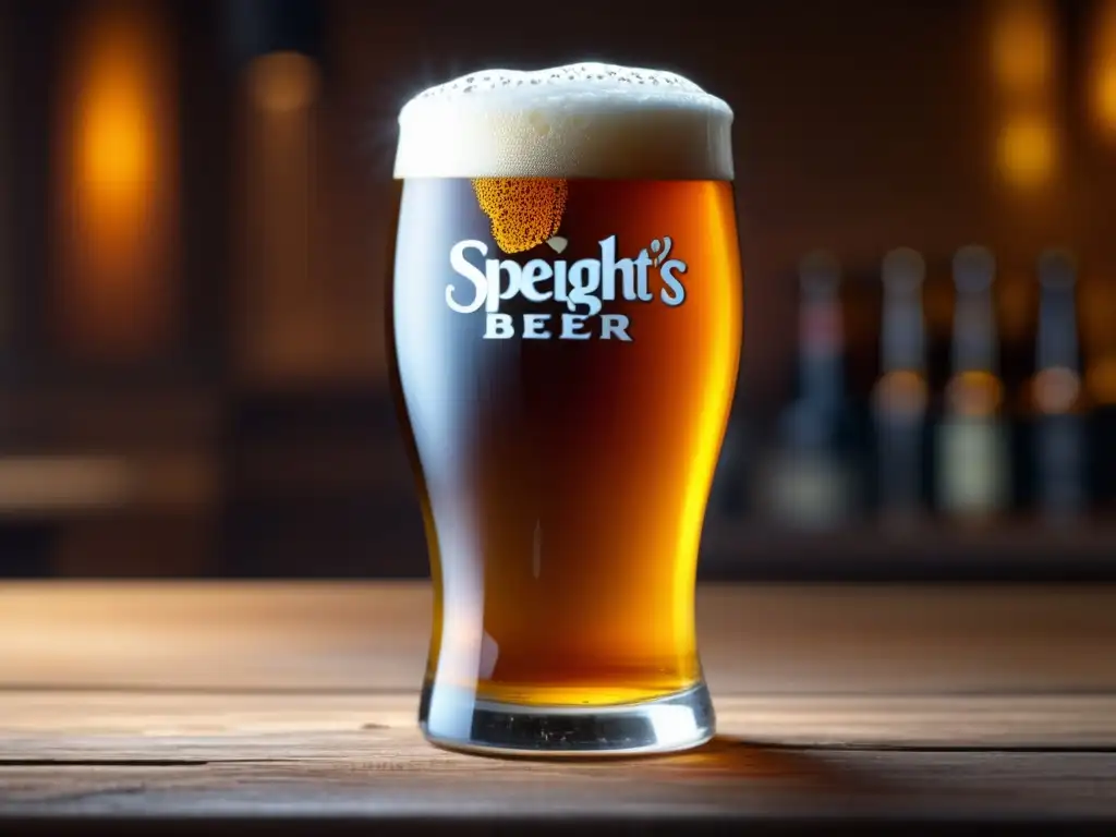 Cerveza Speight's en mesa de madera Cerveza Speight's en mesa de madera, color ámbar y espuma blanca